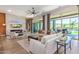 Beautiful living room with stone fireplace and views of backyard pool at 31023 N 117Th Dr, Peoria, AZ 85383