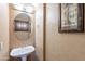 Small bathroom with pedestal sink, oval mirror, and wood cabinet at 3798 E Latham Ct, Gilbert, AZ 85297