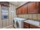 Laundry room with washer, dryer, and wood cabinets at 3798 E Latham Ct, Gilbert, AZ 85297