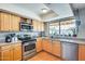 Kitchen features light wood cabinets, stainless steel appliances, and a window overlooking the backyard at 3343 E Anderson Dr, Phoenix, AZ 85032