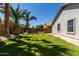 Landscaped backyard with grass, palm trees, and patio area at 45579 W Rainbow Dr, Maricopa, AZ 85139