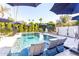 Relaxing pool area with built-in seating and umbrellas at 8431 E Stella Ln, Scottsdale, AZ 85250