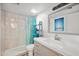 Modern bathroom with grey vanity, tile shower, and a decorative painting at 2121 S Pennington Rd # 12, Mesa, AZ 85202
