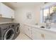 Clean laundry room with white cabinets and new appliances at 10758 E Tamarisk Way, Scottsdale, AZ 85262