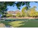 Lush backyard featuring a well-maintained lawn, mature trees, and mountain views at 5203 N Monte Vista Dr, Paradise Valley, AZ 85253