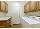 Laundry room with washer, dryer, cabinets, and counter space at 9323 E Arrowvale Dr, Sun Lakes, AZ 85248