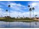 Golf course with lake and palm trees under a blue sky at 9509 E Arrowvale Dr, Sun Lakes, AZ 85248