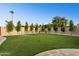 Artificial turf backyard with a sitting area and mature trees at 3611 E Kachina Dr, Phoenix, AZ 85044