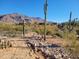 Landscaping under construction; desert plants, rock wall, mountain view at 4215 S Willow Springs Trl, Gold Canyon, AZ 85118