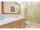 Clean bathroom with a large mirror, shower, and wood cabinets at 11003 E Turnberry Rd, Scottsdale, AZ 85255