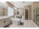 Elegant bathroom featuring a soaking tub, double vanity, and walk-in shower at 10550 E Sanger Ave, Mesa, AZ 85212