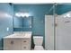 Updated bathroom with a teal vanity and glass shower at 225 N Standage -- # 77, Mesa, AZ 85201