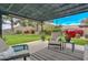 Relaxing covered patio area with comfortable seating, overlooking a lush green lawn and landscaped yard at 23046 N 21St St, Phoenix, AZ 85024