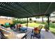 Covered patio furniture under a pergola with a view of the grassy backyard at 23046 N 21St St, Phoenix, AZ 85024