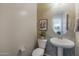 Cozy powder room features a pedestal sink, toilet, and decorative art at 4747 S Aileron Ln, Mesa, AZ 85212