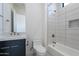 Modern bathroom with a walk-in shower and dark vanity at 25580 N 119Th St, Scottsdale, AZ 85255