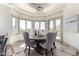 Dining area with chandelier lighting and exterior views of mountains and patio at 7929 N 55Th St, Paradise Valley, AZ 85253