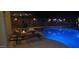 Night view of backyard pool with patio furniture and lighting at 45707 W Barbara Ln, Maricopa, AZ 85139