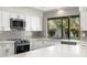 Modern kitchen with white cabinets, stainless steel appliances, and gray backsplash at 12286 N 86Th Pl, Scottsdale, AZ 85260