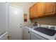 Laundry room with washer, dryer, and ample cabinet storage at 19608 N Papago Dr, Surprise, AZ 85374