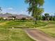 Scenic golf course view with lush green fairways, mature trees, and mountain views in the distance at 5028 S Peachwood Dr, Gilbert, AZ 85298