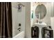 Clean bathroom with pedestal sink and shower/tub combo at 6202 E Mckellips Rd # 91, Mesa, AZ 85215