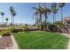 Well-maintained lawn and backyard with tall palm trees and metal perimeter fence at 5951 W Irma Ln, Glendale, AZ 85308