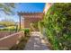 Stone pathway with lush landscaping and pergola leading to the house at 10712 E Greythorn Dr, Scottsdale, AZ 85262