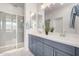 Double vanity bathroom with gray cabinets and a walk-in shower at 2746 S Harmony Ave, Gilbert, AZ 85295