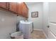 Functional laundry room featuring a washer and dryer, upper cabinets, and ample storage space at 5626 E Sleepy Ranch Rd, Cave Creek, AZ 85331