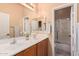 Double vanity bathroom with a large mirror and shower/tub combo at 9345 E Hobart St, Mesa, AZ 85207