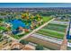 Community garden and a pond are featured in this aerial view of the neighborhood at 5015 S Quantum Way, Mesa, AZ 85212