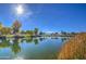 Serene pond reflecting trees and blue sky at 5015 S Quantum Way, Mesa, AZ 85212