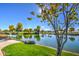 Serene lake with fall foliage and bench at 5015 S Quantum Way, Mesa, AZ 85212