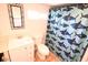 Bathroom with toilet, sink, and shark shower curtain at 513 W Melrose Dr, Casa Grande, AZ 85122