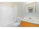 Clean bathroom featuring a shower-tub combo, neutral sink, and white toilet at 60 W Beechnut Pl, Chandler, AZ 85248