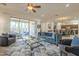 Bright living room featuring stylish decor, a plush blue sofa, and seamless access to the outdoor patio at 1416 E Artemis Trl, Queen Creek, AZ 85140