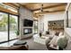 Open living space with fireplace, pool view, and comfortable seating at 1442 E Rancho Dr, Phoenix, AZ 85014