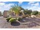 Landscaped backyard with gravel, curved wall, and palm trees at 13036 W Fetlock Trl, Peoria, AZ 85383