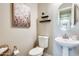 Modern bathroom with pedestal sink, toilet and decorative accents at 2238 E Saddlebrook Rd, Gilbert, AZ 85298