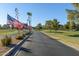 This is a community view showing manicured landscaping with trees and flags lining a paved road at 6877 S Oakmont Dr, Chandler, AZ 85249