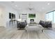 Bright living room with vaulted ceilings, modern fireplace, and stylish gray furnishings at 8709 E Irish Hunter Trl, Scottsdale, AZ 85258