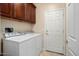 Laundry room with washer, dryer, and cabinets at 27087 W Yukon Dr, Buckeye, AZ 85396