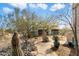 Landscaped backyard with stone pathway, cacti, and horse stables at 29305 N 146Th St, Scottsdale, AZ 85262