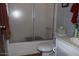 Clean bathroom with shower/tub combo and vanity at 7807 E Main St # Cc-70, Mesa, AZ 85207