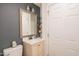 Modern bathroom with a white vanity and dark gray walls at 8502 E Catalina Dr, Scottsdale, AZ 85251