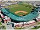 Aerial shot of Sloan Park baseball field, showcasing its vibrant green field and stadium seating at 930 N Mesa Dr # 2073, Mesa, AZ 85201