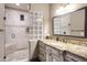 Elegant bathroom with granite vanity and glass block shower at 10532 N Crestview Dr, Fountain Hills, AZ 85268