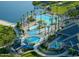 Aerial view of community pool and clubhouse with mature trees, blue waters, and waterslides at 18187 W Wind Song Ave, Goodyear, AZ 85338