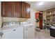 Laundry room with washer, dryer, and storage shelves at 4938 W Michelle Dr, Glendale, AZ 85308